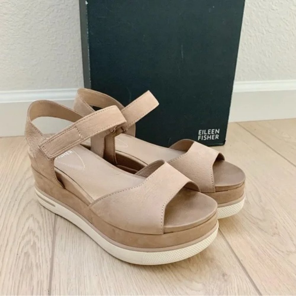 🌞 Eileen Fisher Beige Barley Beck Sporty Platform Wedge Heeled Sandals - Picture 1 of 11